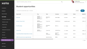 Student opportunities table in Xello. There are a number of opportunities for students to request with different companies, locations, status, and deadlines.